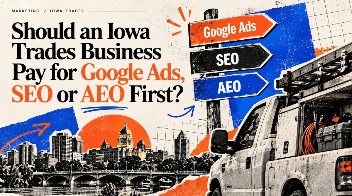 Cover: Should an Iowa trades business pay for Google Ads, SEO or AEO first? A signpost pointing to Google Ads, SEO and AEO beside a work truck and the Des Moines skyline.
