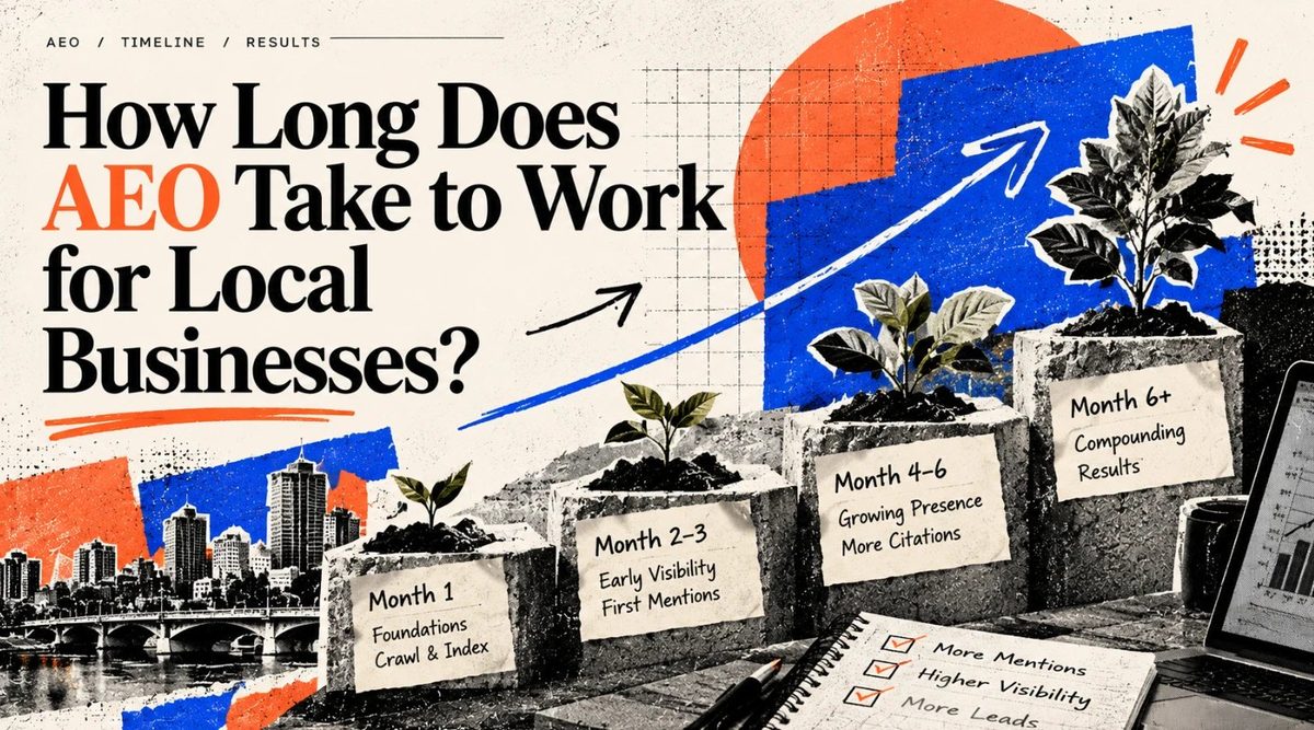 Cover: How long does AEO take to work for local businesses? Plants growing on steps marked month 1, months 2 to 3, months 4 to 6 and month 6 and later.