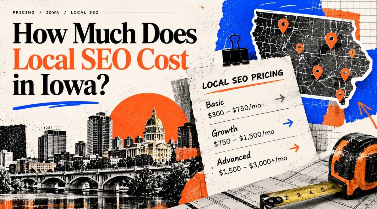 Cover: How much does local SEO cost in Iowa? A pricing sheet, a tape measure and a map of Iowa with pins.