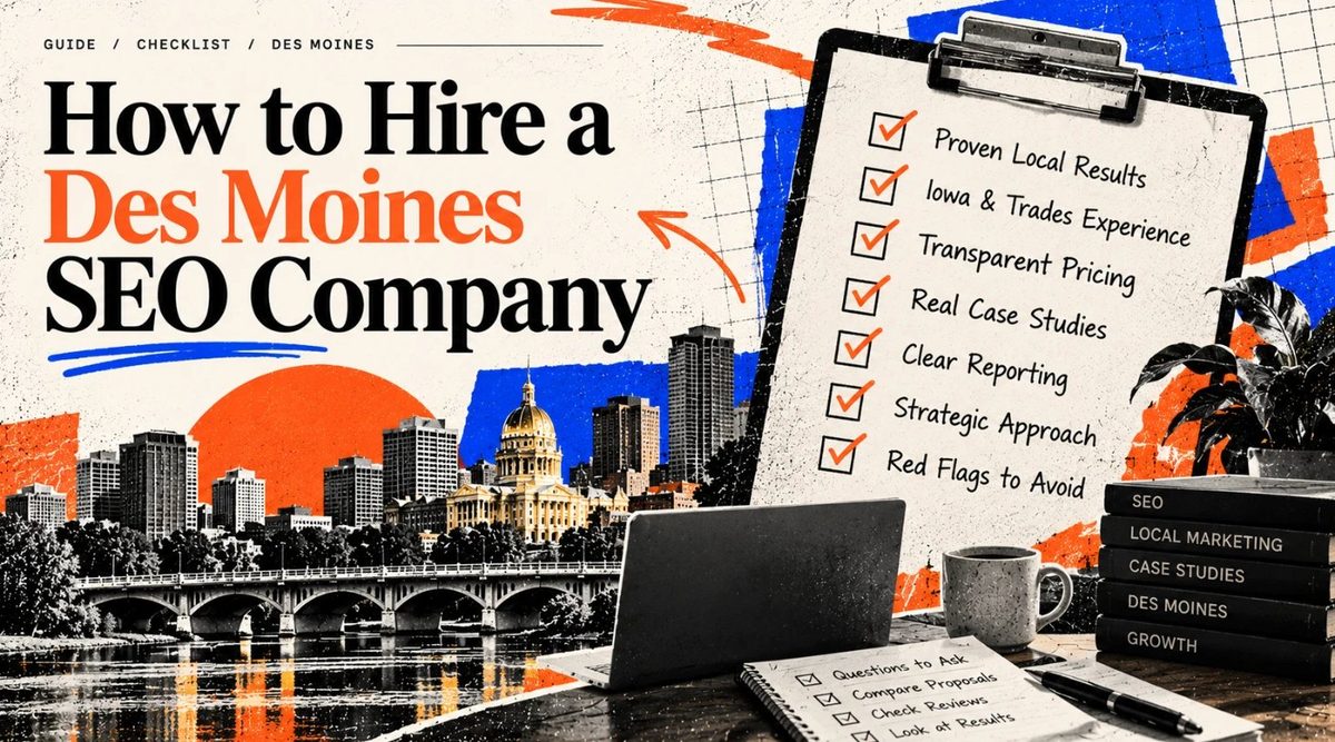 Cover: How to hire a Des Moines SEO company. A hiring checklist on a clipboard in front of the Des Moines skyline.
